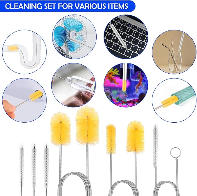 6pcs Flexible Drain Brush 78 Inch Pipe Cleaning Brush 63 Inch Drain Cleaner Brush 59 Inch Hose Brush and 3 Pcs 9 Inch Straw Cleaner Brush for Straws Kitchen Sink Plumbing Shower Drain Tube (Yellow)