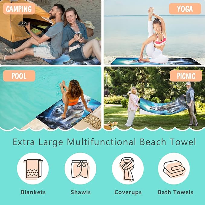 Moon Wolf Beach Towel Oversized 36" x 72", Thin Lightweight Sand Free Quick Dry Microfiber Towel for Swimming Pool Cruise Camping Travel