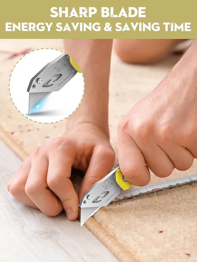 Utility Knife, BIBURY Upgraded Version Heavy Duty Box Cutter, Pocket Carpet knife with 10 Replaceable SK5 Stainless Steel Blades, Belt Clip, Easy Release Button, Quick Change and Safety Lock-Yellow