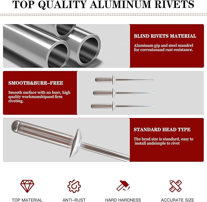 200pcs Silver 1/8" x 3/8" Aluminum Blind Rivets, 3.2 x 9.5mm Pop Rivets,Aluminum Grip and Steel Mandrel