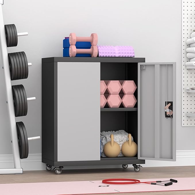 GREATMEET Metal Storage Cabinet with Locking Doors,Steel Storage Cabinet with Wheels Suit for Home Office with 1 Adjustable Shelf for Files, Black&Grey
