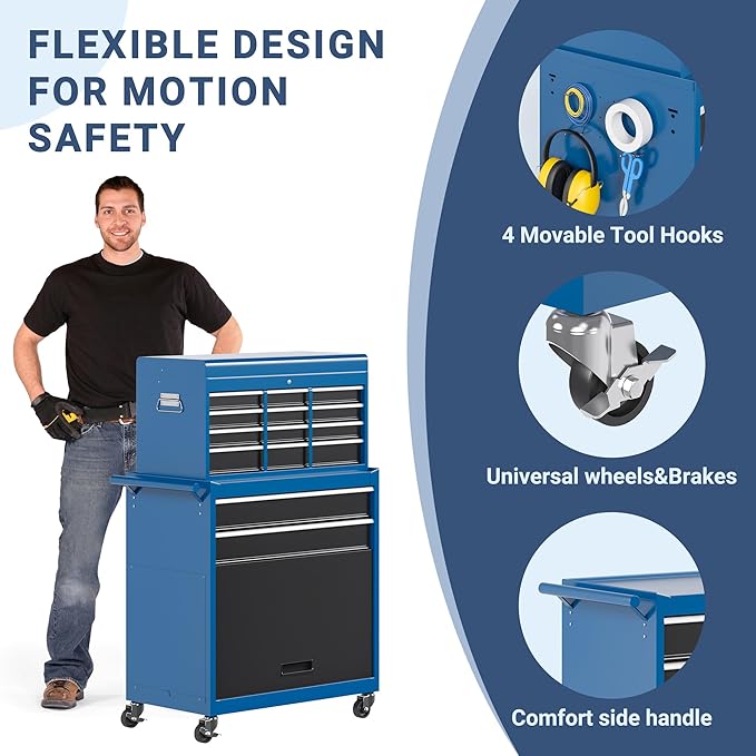 8-Drawer Tool Chest, Rolling Tool Storage Cabinet with Enhanced Packaging, Detachable Top Tool Box with Tray Divider, Liners, Metal Tool Cart for Garage Workshop, Blue