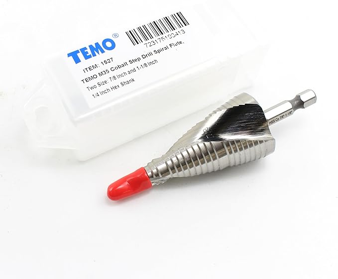 TEMO M35 Cobalt Step Drill Spiral Flute, Two Size: 7/8 Inch and 1-1/8 Inch, 1/4 Inch Hex Shank