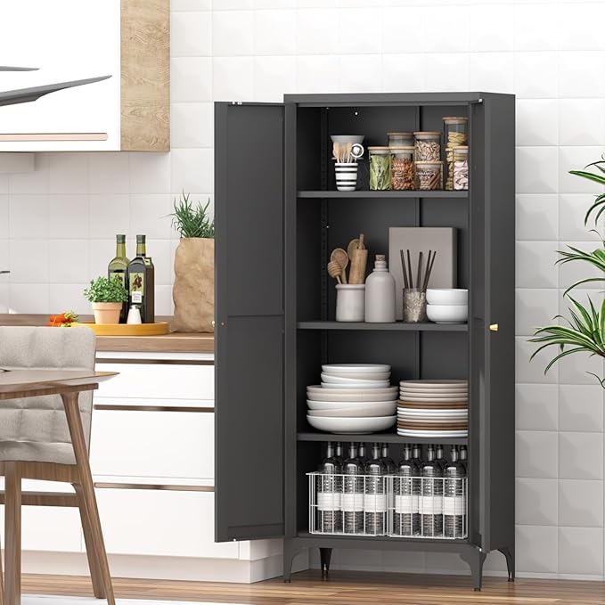GREATMEET 65" Tall Kitchen Pantry Storage Cabinet, Black Pantry Storage Cabinet, Farmhouse Metal Kitchen Cupboard with Doors for Garage, Dining Room, Living Room and Laundry
