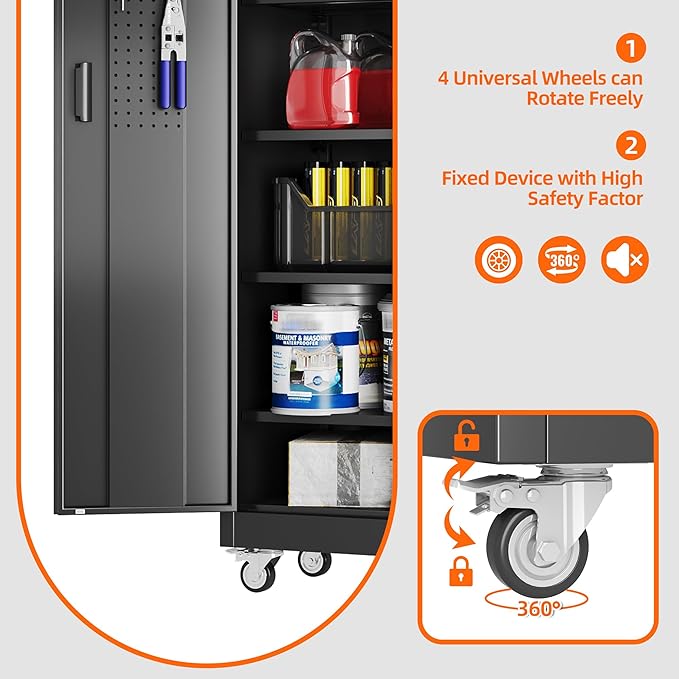 71" Metal Storage Cabinet with Wheels and Pegboard, Lockable Rolling Steel Storage Cabinet with 5 Adjustable Shelves and Door for Garage, Office, Kitchen, Assembly Required,Black