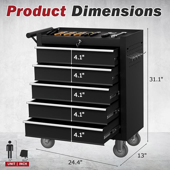 Rolling Tool Chest with Drawers, 5 Drawers Tool Chests & Cabinets, Metal Toolbox with Wheels, Lockable Storage Cabinet, Garage Tool Box with Drawers (Black, 5 Drawers)