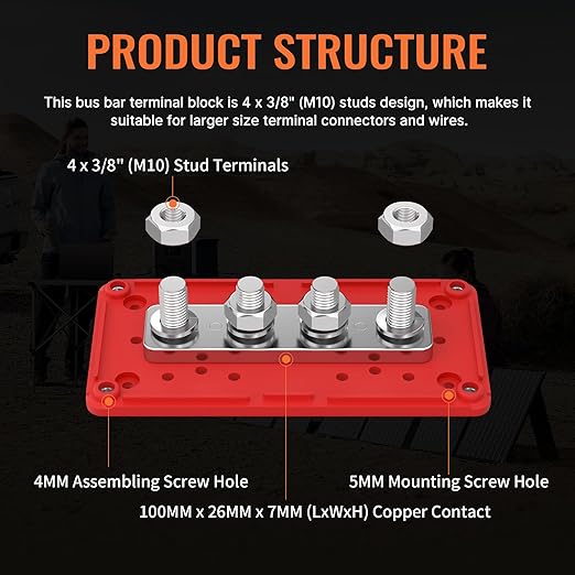 Joinfworld 300A Bus Bar 12V DC Waterproof Power Distribution Block with 4 x 3/8" Studs, Heavy Duty Marine Battery Bus Bar Terminal Block 12 Volt for Automotive, Car, Solar Wiring - Positive&Negative