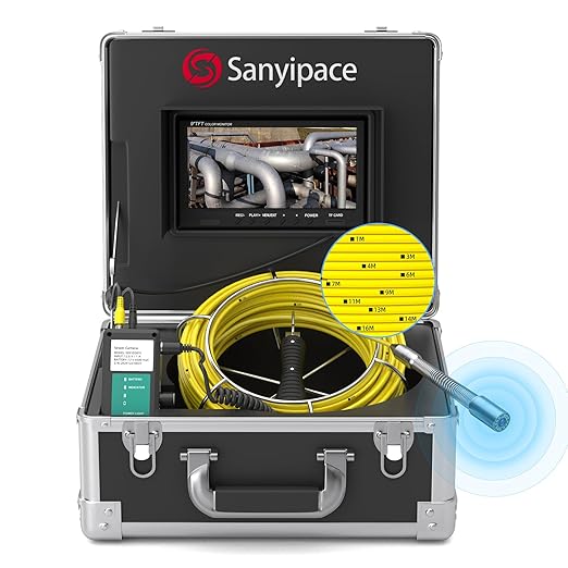 Sanyipace Self-Leveling Sewer Camera 165FT/50M, Drain Camera with 512Hz Transmitter, Pipe Plumbing Camera with Meter Marks, IP68 Waterproof Camera Probe, 9" HD Color Screen, 16GB TF Card