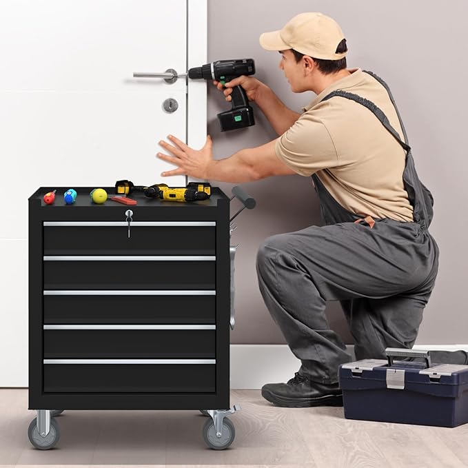 5-Drawer Rolling Tool Box, Metal Tool Chest with Wheels and Locking, Portable for Warehouse, Garage, Repair Shop, Workshop (Black, 5-Drawer)