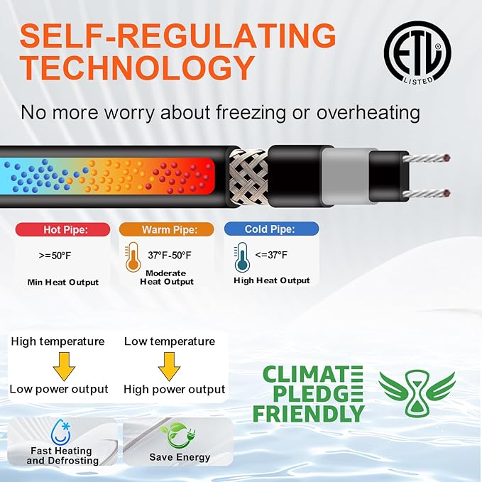 Efficient Water Pipe Heat Tape for Water Pipe Freeze Protection, Self-Regulating Heating Cable for Metal and Plastic Pipes, Energy-Saving Water Pipe Heating Cable, 20Ft, 120V