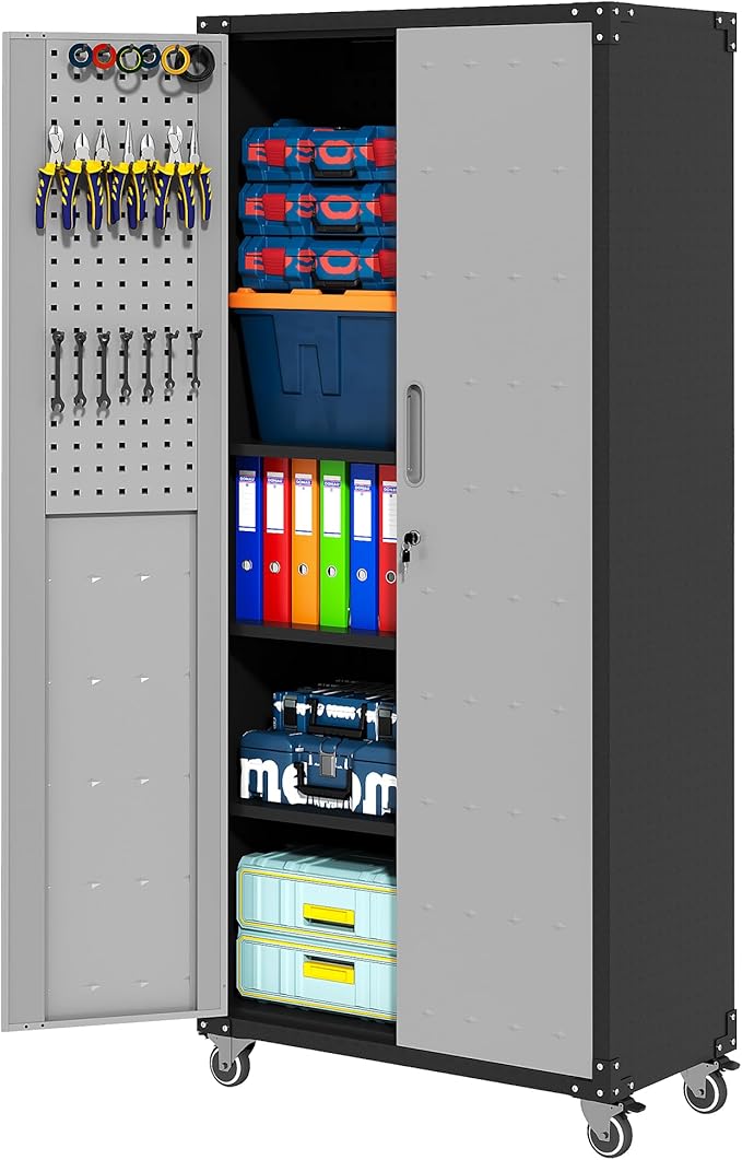 71'' Garage Storage Cabinet on Wheels Metal Tool Cabinets with Locking Doors and 3 Adjustable Shelves,Heavy Duty Tall Rolling Steel Cabinets for Garage Warehouse Basement Office