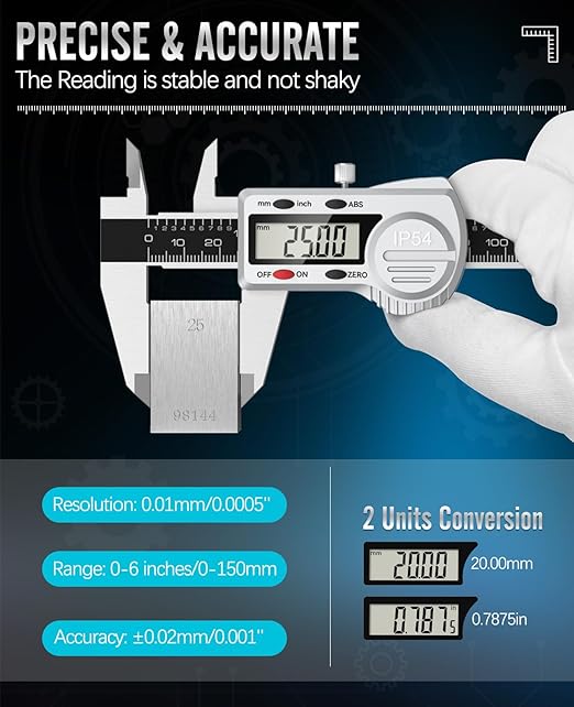 Digital Caliper 12 inch, (ABS) Absolute Scale Caliper, IP54 Caliper Measuring Tool, Inch/MM, Auto-Off LCD Stainless Steel Waterproof Micrometer Vernier Caliper, with Steel Ruler, Silver