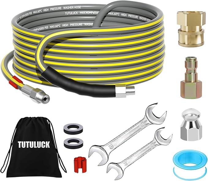Sewer Jetter Kit for Pressure Washer 25FT, Drain Cleaner Hose 5800PSI 1/4 Inch NPT Corner with Sewer Cleaning Tool High Pressure Nozzle and Spanner Waterproof Tape