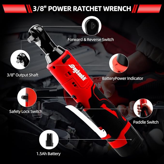 dogtooth Cordless Electric Ratchet Wrench Set, 35 Ft-lbs, 300 RPM, 16.8V Cordless Ratchet Wrench 3/8", fast Charger, 6 Sockets, 1-Pack 1500mAh Lithium-Ion Batteries, Variable Speed Trigger