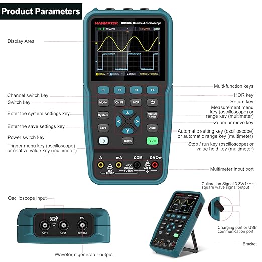 HANMATEK 3 in 1 Handheld Oscilloscope Multimeter 100Mhz Waveform Generator Oscilloscope with 2 Channels 3.5"TFT, HO102S Professional oscilloscope Multimeter with Memory Function