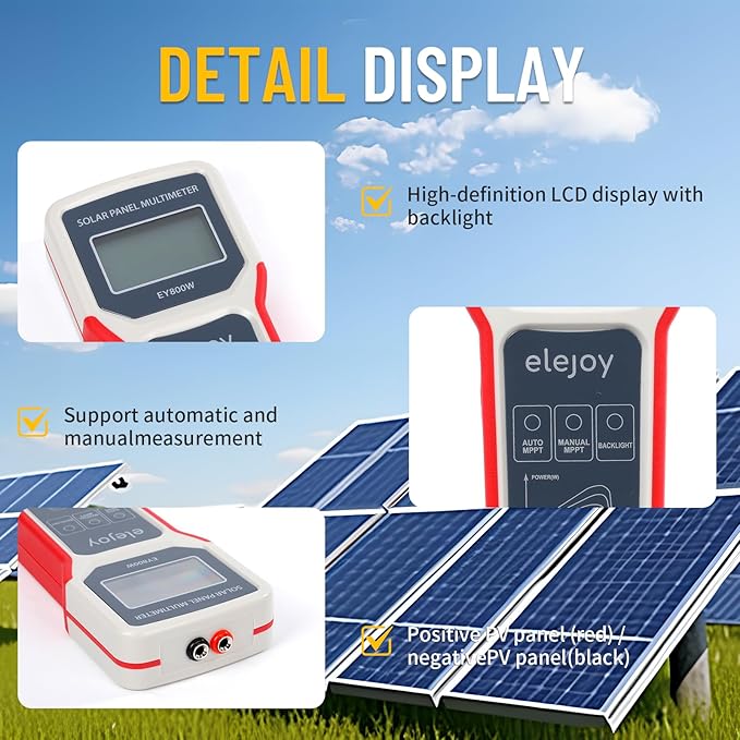 800W Solar Panel Tester, Digital PV Multimeter with Smart MPPT Tracer, 12-60V Voc, 0-35A Isc, Battery-Free, with LCD Display, MC4 & Alligator Clips, EVA Case for Solar Power Test