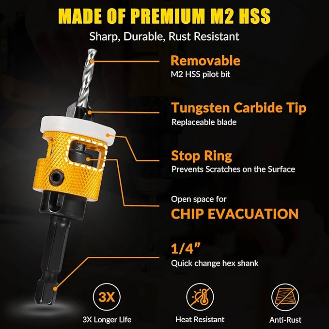 5PCS Countersink Drill Bit Set, Low Friction Depth Stop, 1/8 9/64" 5/32" Drill + 3/8” 82° Counter-Bore, 11/64" 3/16" Drill + 1/2" 82° Counter-Bore, 1/4" Hex Shank, for Woodworking, with Storage Box