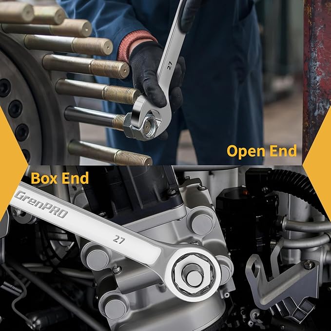 Metric Wrench Set, Large Wrench Set Metric and Standard, 7PC 23mm, 24mm, 26mm, 27mm, 30mm, 32mm Long Big Open End Wrench Tool Set Roll Up Pouch Organizer with Gauge, Combination Wrenches Sets
