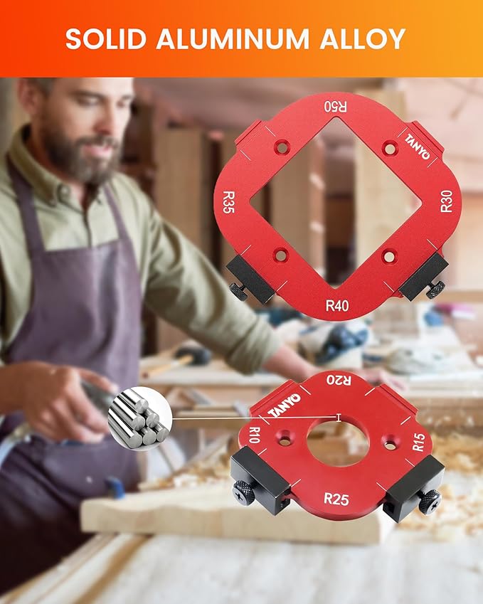 TANYO Router Corner Radius Template, Plastic Box Router Jig with 8 Radius, Aluminum Alloy Router Templates for Woodworking R10/R15/R20/R25/ R30/R35/R40/R50