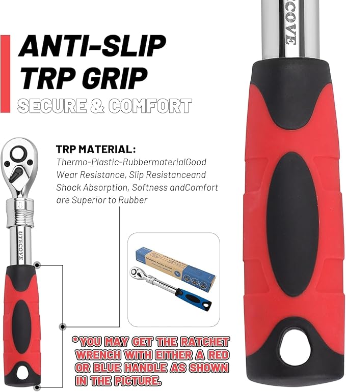 1/2 Inch Drive Extendable Ratchet, Durable Socket Wrench with Long Handle 72-Tooth Quick-Release Reversible, Soft Grip Handle Hand Tool (Red)