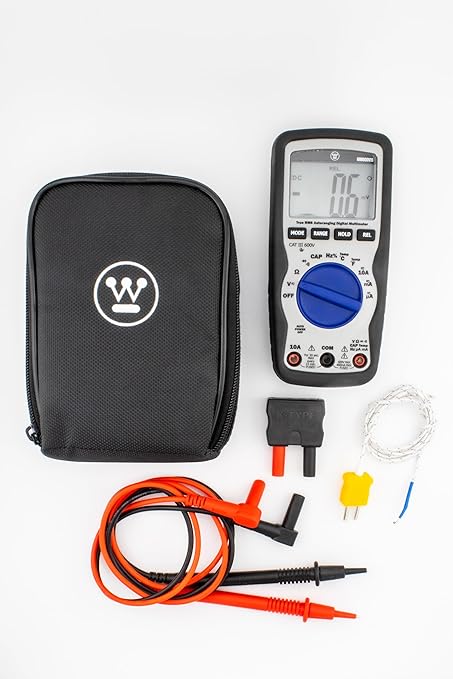 Westinghouse 600V True RMS Auto-Ranging Multimeter with Large Screen and Relative Mode; Measures Voltage Current Resistance Capacitance Frequency Temperature; Incl. Case and 2-Year Warranty.