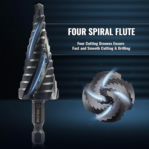ZELCAN 12 Sizes Step Drill Bit, Four Spiral Flute Step Bit for Metal, Titanium-Coated HSS 3/16" to 7/8" Step Drill Bit with 1/4" Hex Shank for Stainless Steel Aluminum Copper Wood Plastic