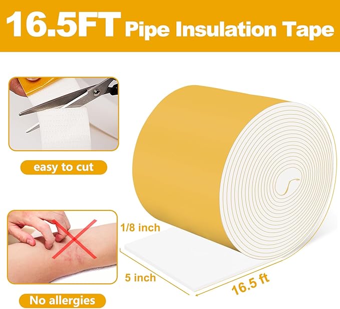 Pipe Insulation Tape, Pipe Wrap Insulation Foam Tape Self Adhesive, Outdoor Water Pipe Insulation Roll for HVAC, AC Line Insulation, 5 inch x 16.5 FT Heat Tape for Water Pipe, White