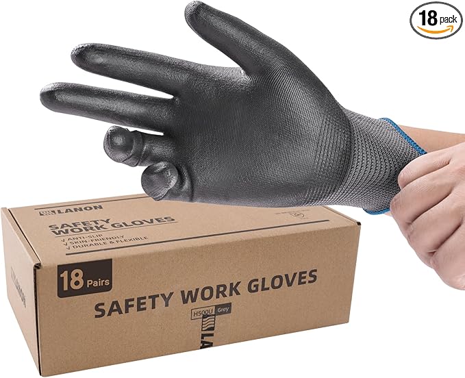 LANON 18 Pairs Safety Work Gloves, Mechanic Working Gloves for Men,Breathable PU Coated, Seamless Knit,Double Wash, Grey, Medium
