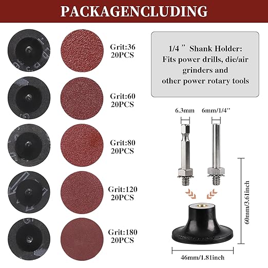 103Pcs 2 Inch Quick Change Sanding Discs Die Grinder Abrasive Set with 1/4" Roll Lock Holder Power Drill Accessories for Metal Wood Surface Grinding Polishing Deburring Rust & Paint Removal