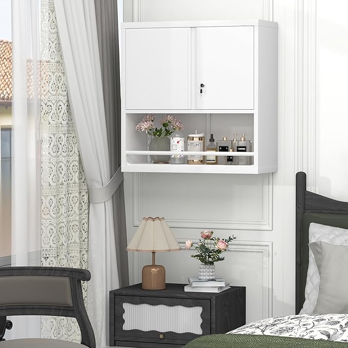 GREATMEET 31" H Metal Cabinets with Doors and Shelves, Lockable Storage Cabinet, Wall Cabinet Storage for Kitchen, Dining Room,White