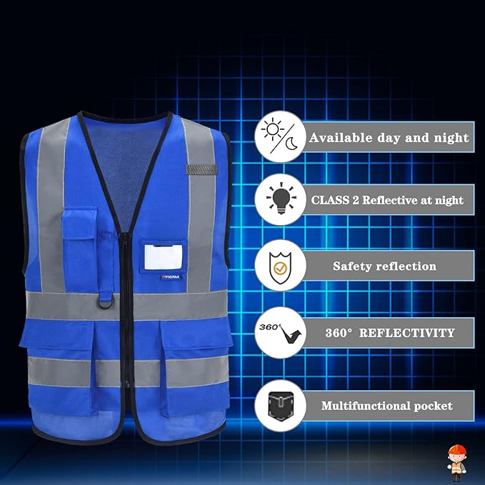 A-SAFETY Blue High Visibility Reflective Safety Vest,Hi Vis Bright Neon Color with 4 Reflective Strips 8 Pockets,X-Large
