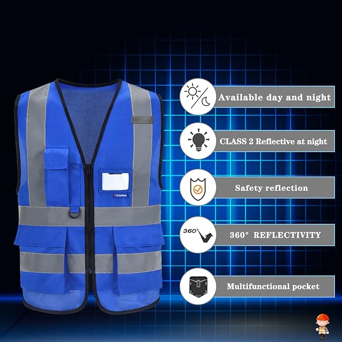 A-SAFETY Blue Safety Vest Reflective Work Vest,Hi Vis Bright Neon Color with 4 Reflective Strips 7 Pockets,XXL