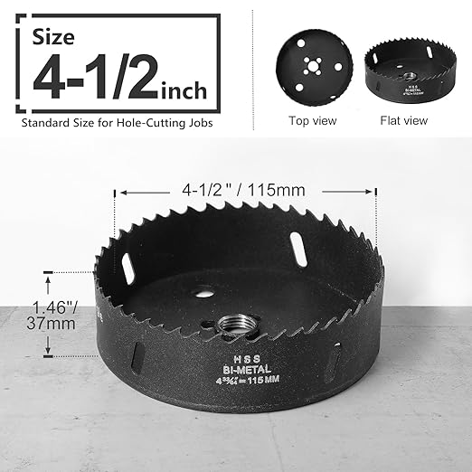 4-1/2 Inch Hole Saw with 1/2" Triangle Shank Quick Change Arbor, JTemgle Bi-Metal Hole Saw Heavy Duty Hole Cutting Tool for Cornhole Boards, Recessed Lights, Wood, Plastic, Drywall & Soft Metal