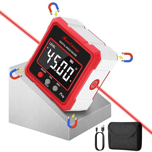 Digital Angle Finder Tool with Electronic Laser，Rechargeable Digital Angle Gauge Digital Level Protractor Inclinometer with 4 Sides Strong Magnetic for Woodworking Tablesaw.