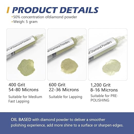 SCOTTCHEN 3Pcs Diamond Polishing Paste, 400/600/1,200 Grit, 54-80/22-36/10-20 Microns Lapping Compound with 50% Concentration of Diamond Powders for Jewelry, Metal, Ring, Glass, Coin, 5 Gram Each