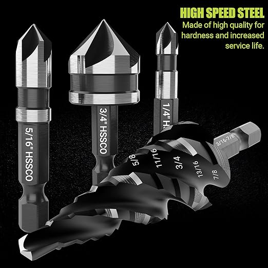 5 Pcs Four Spiral Flute Step Drill Bit Set, 6 Pcs Countersink Drill Bits with 1/4 Inch Quick Change Hex Shank, Nitriding HSS Drill Bits for Metal, Aluminum, Wood, Plastic