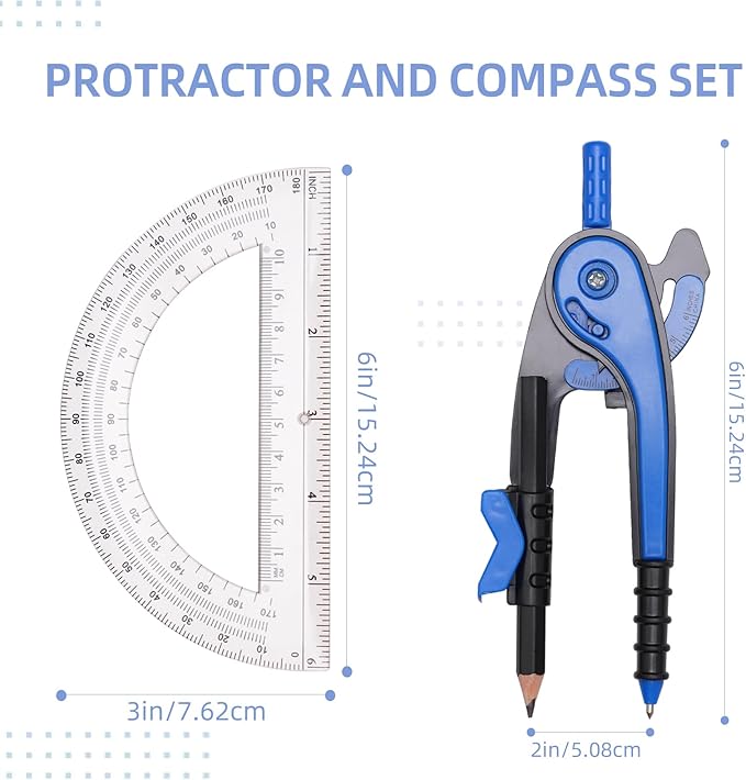 YOOUSOO Compass and Protractor Set, Student Geometry Math Set, Drawing Compass and 6 Inch Clear Swing Arm Protractors 180 Degree Math Protractor, Back to School Supplies