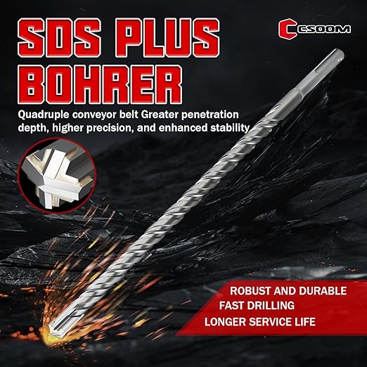 CSOOM SDS Plus Rotary Hammer Drill Bit 9/16"x12.2", Professional Concrete Drill Bit for Concrete, Brick, Stone and Cement Walls