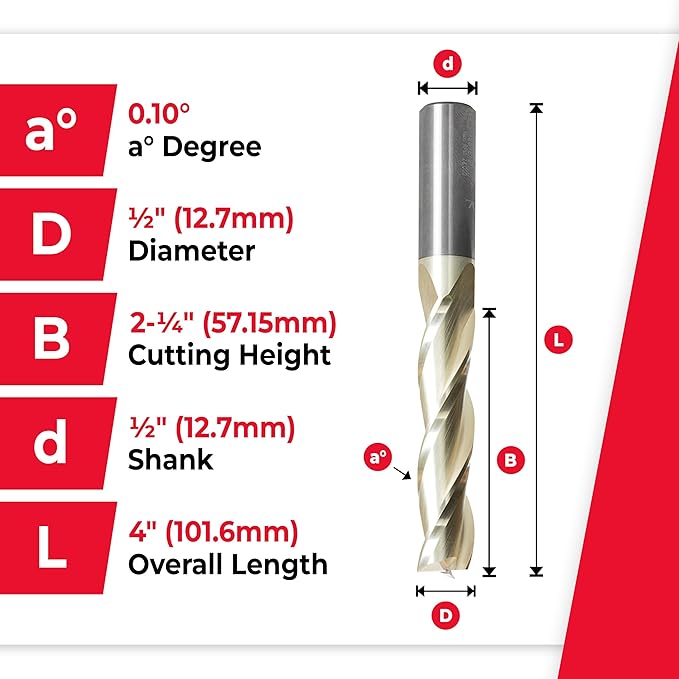 Amana Tool CNC Router Bits for 2D/3D Carving Flat Bottom, ZrN Coated, 46579, 0.10 Deg Straight Angle x 1/2 Dia x 2-1/4 x 1/2 Shank x 3 Flute