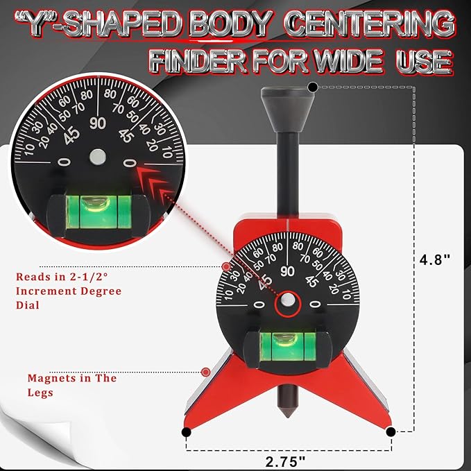 Pipe Center Finder, Pipefitter Tools w/Magnetic Centering Head, 2.75" Y-Type Pipe Fitting Tools w/Adjustable Dial Bubble Protractor to Measure Pipe Diameter from 1-1/2" to 6"