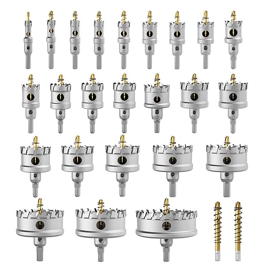 GSTK Upgraded 26 PCS Heavy Duty Carbide Hole Saw Set, Metal Steel Drill Bit, TCT Cutter, 24 Saws with 2*Extra Pilot Center Drills, Ideal for Metal, Iron, Stainless (1/2''- 3-15/16'')-26PCS
