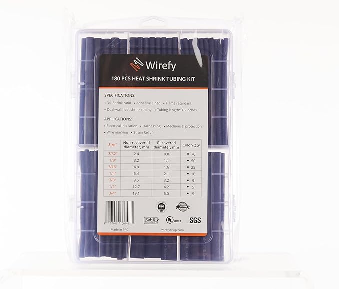 Wirefy Heat Shrink Tubing Kit 180 PCS - 3:1 Ratio Adhesive Lined, Wire Shrink Wrap Tubing - Industrial Heat-Shrink Tubing - Black - Shrink Wrap Tubing | Trusted UL Certification