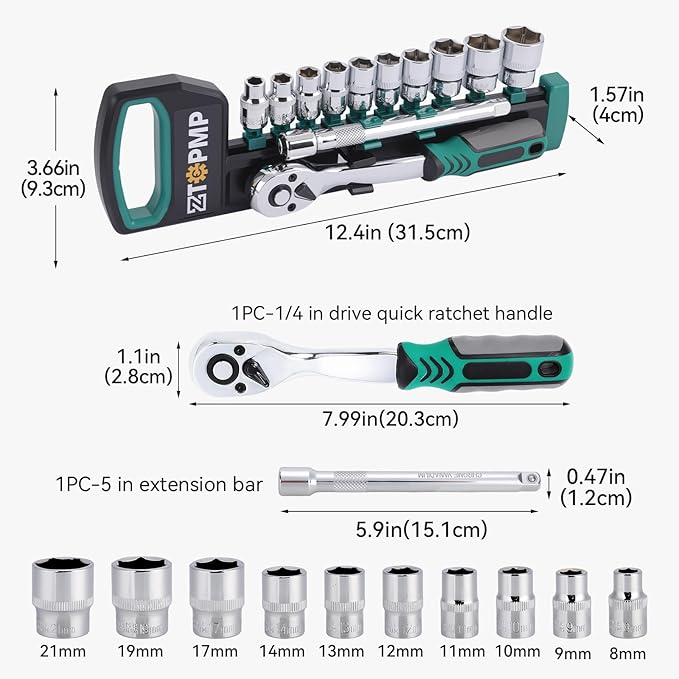 3/8 Inch Drive Ratchet, 72-Tooth Reversible, Quick Release Ratchet Wrench, w/ 10pcs Metric Sockets (8mm-21mm) and Extension Bar, CR-V Steel