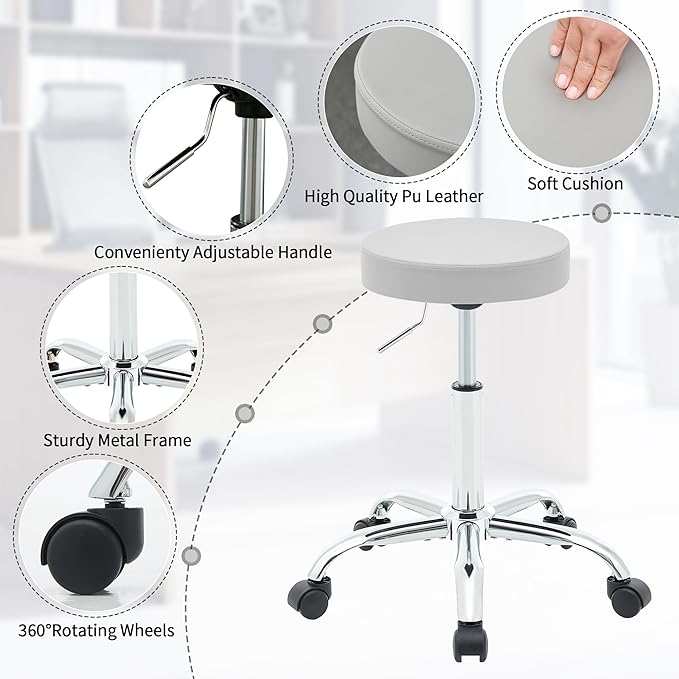 Drafting Stool, Adjustable Office Chair19.5’’-26.6’’, Gray Work Stools with Wheels (Gray)