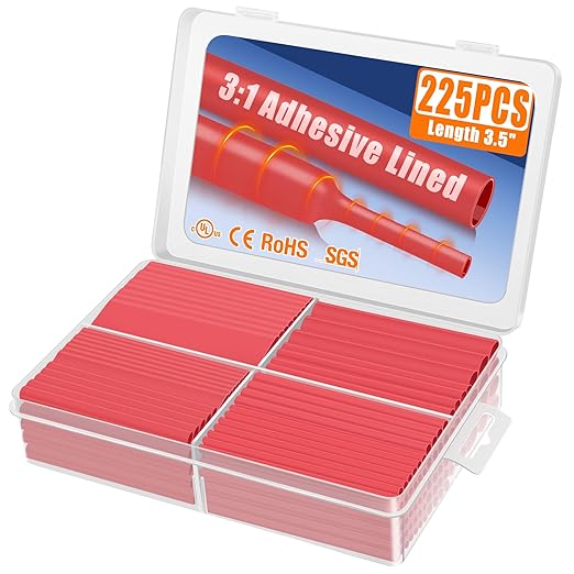 XHF UL Listed 225 Pcs 3:1 Waterproof Heat Shrink Tubing Kit Marine Grade Adhesive Lined Heat Shrink Tube, Insulation Sealing Oil-Proof Wear-Resistant Red