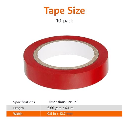Amazon Basics Electrical Tape, 1/2-inch by 6.66 yard, Multi-Color, 10-Pack, Great for General Home&DIY, Automotive, Electrical, Labeling and Craft Project (Previously AmazonCommercial brand)