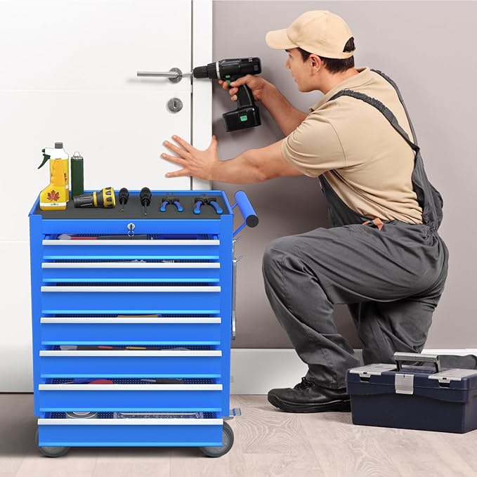 7-Drawer Rolling Tool Chest,Metal Rolling Tool Chest with Wheels and Locking Tool Box,Portable Metal Tool Box for Warehouse,Garage, Repair Shop, Workshop (Blue, 7-Drawer)