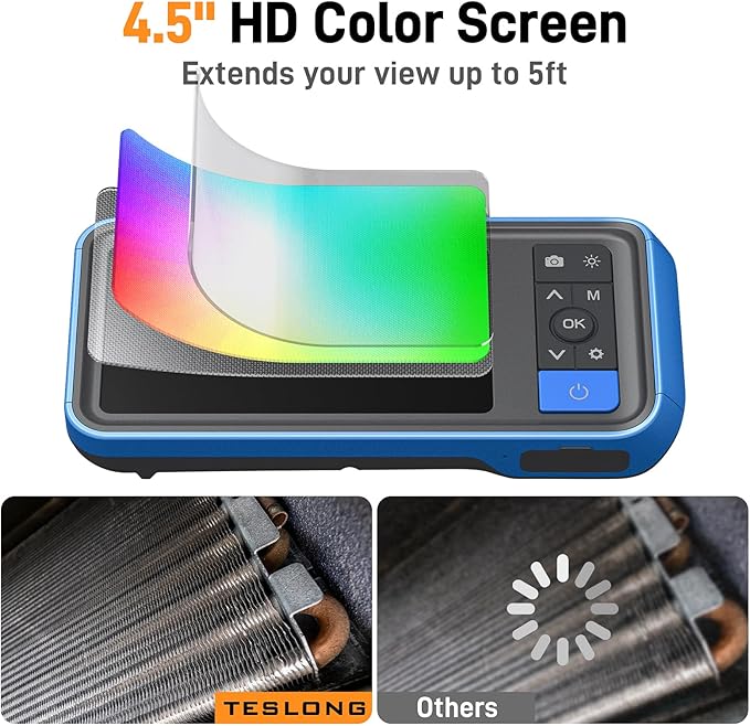 Teslong Telescopic Camera with Light, 4.5" IPS Screen Endoscope Inspection Camera with 5FT Telescoping Pole, IP67 Waterproof Flexible Borescope for Home Ceiling, Wall, Chimney, Automotive & HVAC