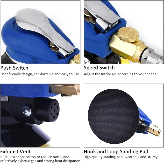 Air Random Obrital Sander 5" Dual Action Palm Sander, Hook and Loop Air Powered and Swirl Free. (5" da sander)