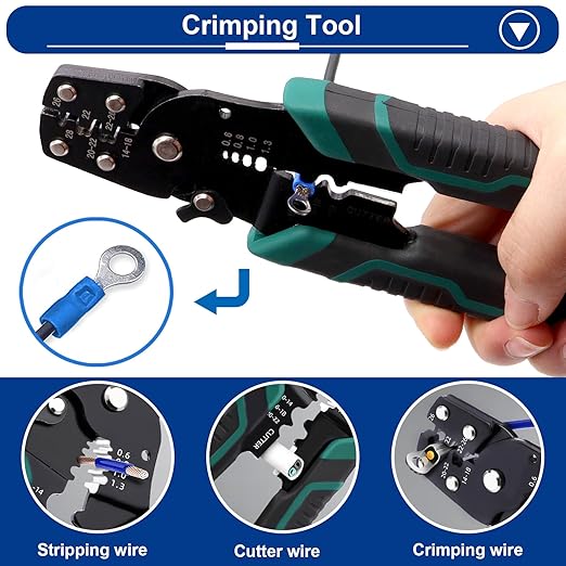 Tnisesm 1100pcs Wire Connectors - Insulated Electrical Wire Terminals with Crimp/Stripping/Cutting Multifunction Wire Crimping Tool 22-10AWG- Ring, Butt, Spade, Fork Connector Kit